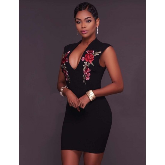 Rose Embroidery Black Mini Dress