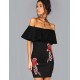 Black Ruffle Off-Shoulder Embroidery Bodycon Dress