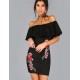 Black Ruffle Off-Shoulder Embroidery Bodycon Dress