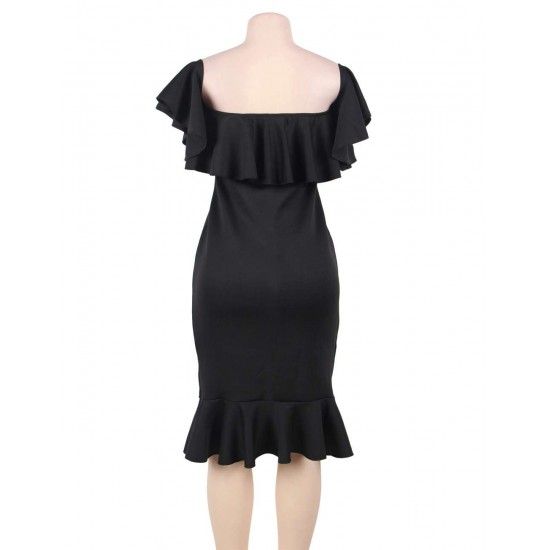 Plus Size Ruffle Off-Shoulder Midi Black Bodycon Dress