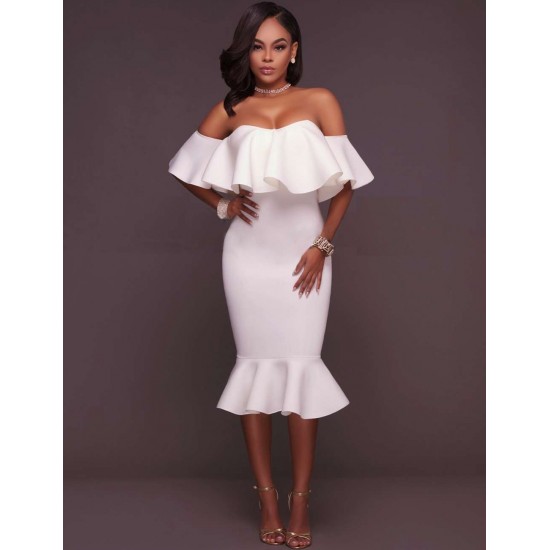 Plus Size White Off-Shoulder Ruffle Bodycon Mermaid Party Dress