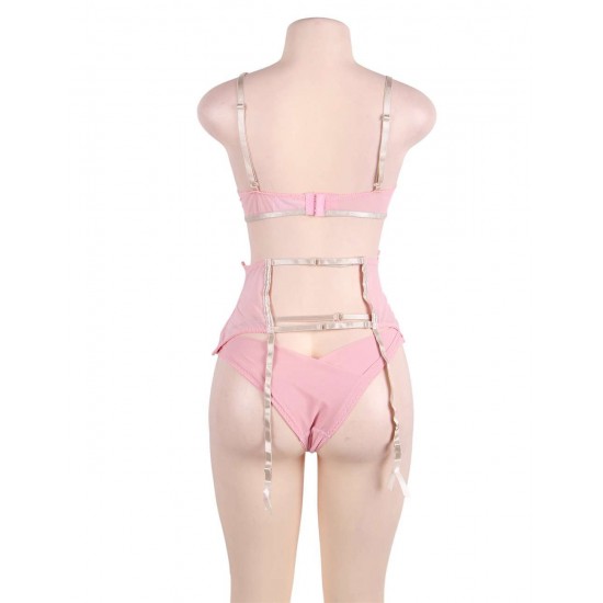 Plus Size Seductive Pink 3 Piece Delicate Lace Bra Garter Set