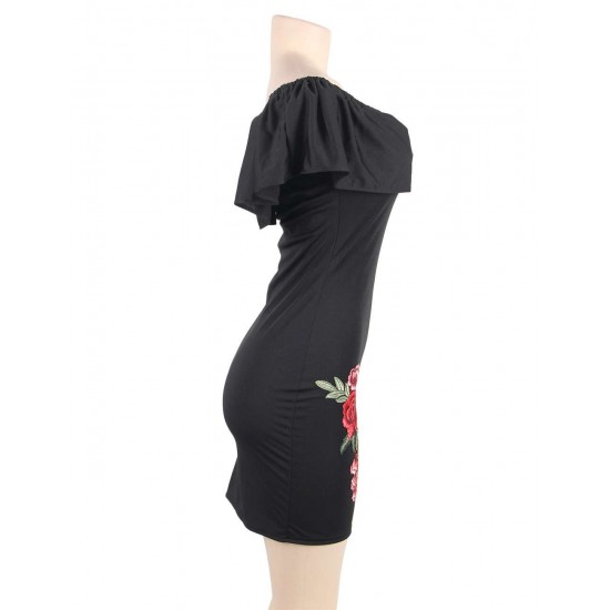 Black Ruffle Off-Shoulder Embroidery Bodycon Dress