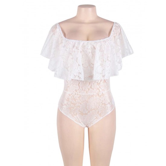 Dreamy Off Shoulder White Lace Ruffle Teddy