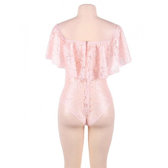 Dreamy Pink Lace Ruffle Off Shoulder Teddy