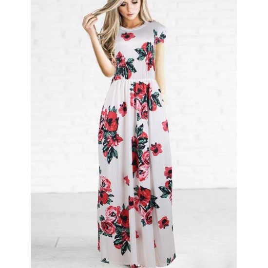 Plus Size Pocket Design Short Sleeve White Floral Maxi Dress