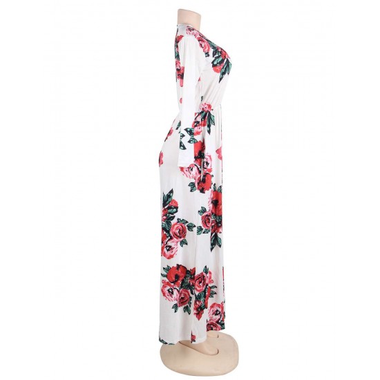 Plus Size Pocket Design Long Sleeve White Floral Maxi Dress