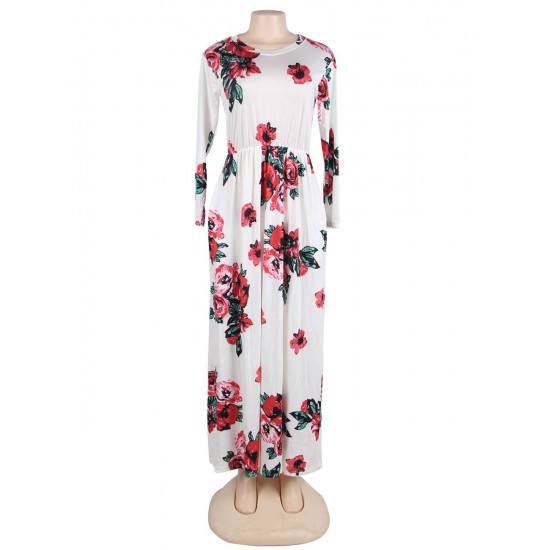 Pocket Design White Floral Long Sleeve Maxi Dress