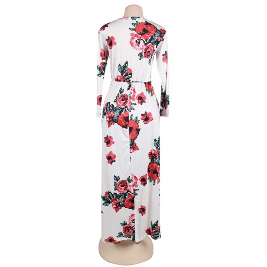 Pocket Design White Floral Long Sleeve Maxi Dress