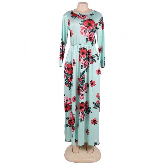 Plus Size Pocket Design Long Sleeve Green Floral Maxi Dress