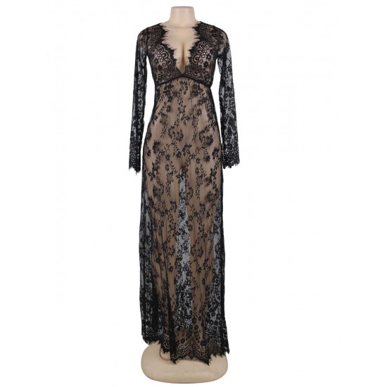 Plus Size Black Delicate Lace Long Sleepwear Gown