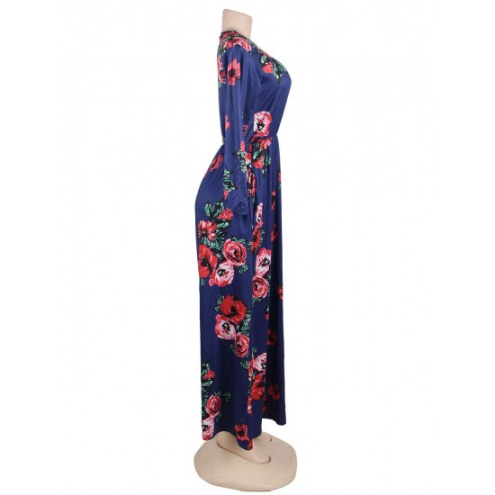 Plus Size Pocket Design Long Sleeve Dark Blue Floral Maxi Dress