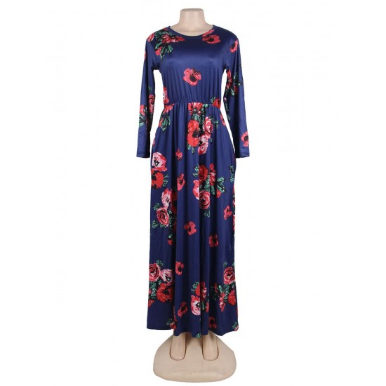 Plus Size Pocket Design Long Sleeve Dark Blue Floral Maxi Dress