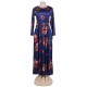 Plus Size Pocket Design Long Sleeve Dark Blue Floral Maxi Dress