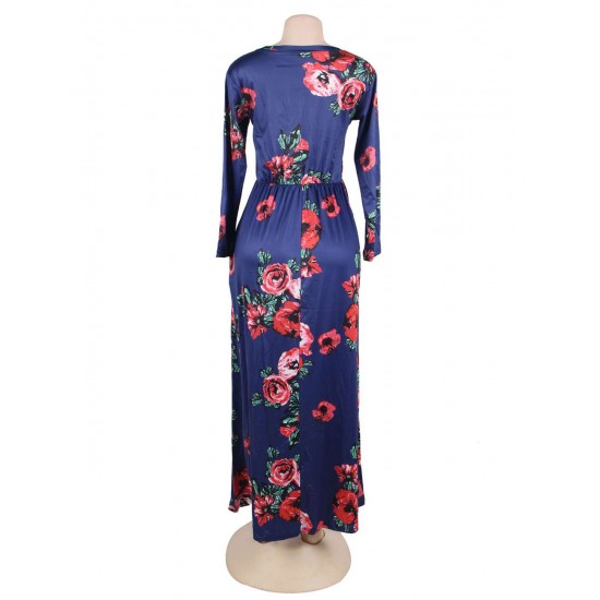 Plus Size Pocket Design Long Sleeve Dark Blue Floral Maxi Dress