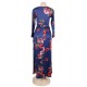 Plus Size Pocket Design Long Sleeve Dark Blue Floral Maxi Dress