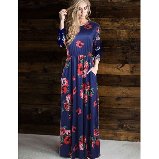 Plus Size Pocket Design Long Sleeve Dark Blue Floral Maxi Dress