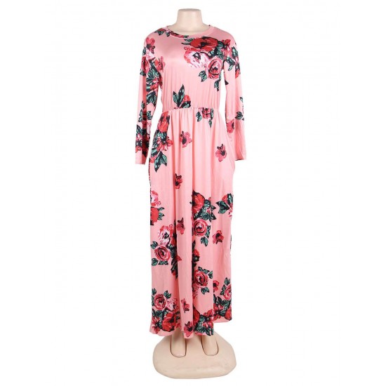 Pocket Design Pink Floral Long Sleeve Maxi Dress