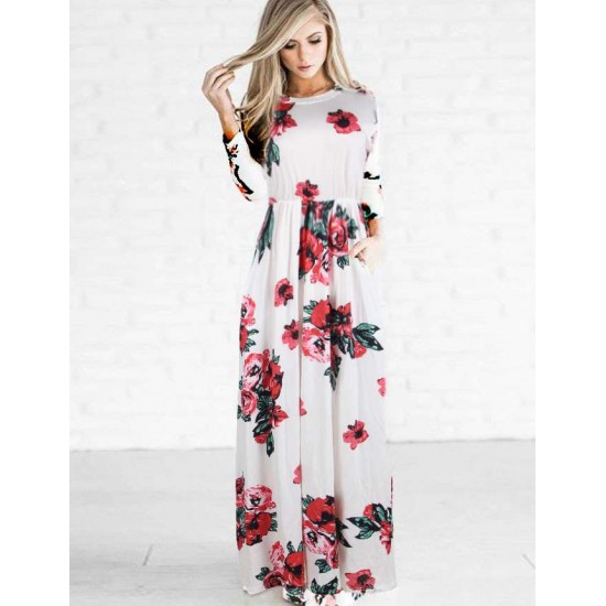 Pocket Design White Floral Long Sleeve Maxi Dress