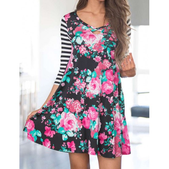 Stripe Raglan Sleeve Black Floral Print Dress