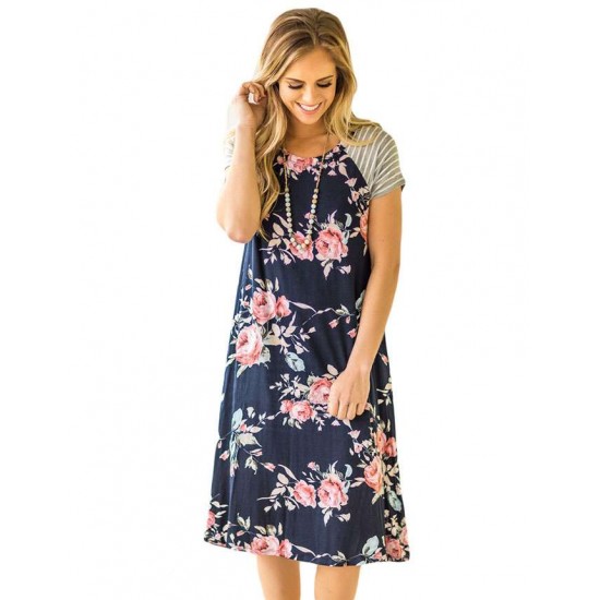 Plus Size Navy Blue Backdrop Floral Print A-line Loose T-shirt Dress