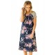 Floral Print Navy Blue Backdrop A-line Loose T-shirt Dress