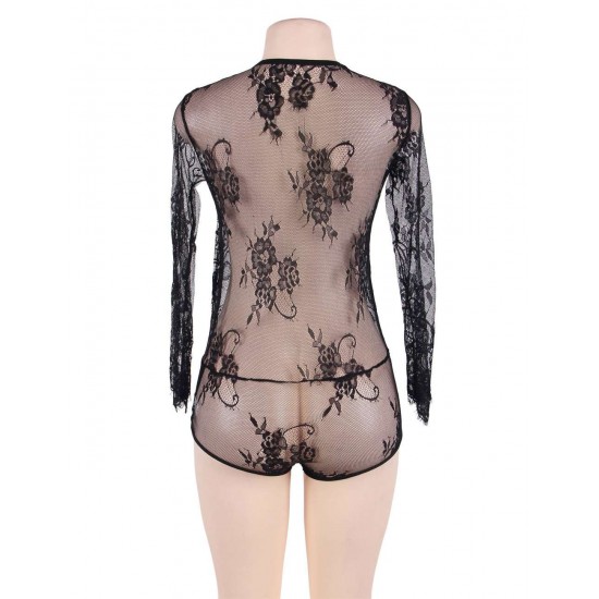 Plus Size Black Exquisite Lace Sleeve Teddy