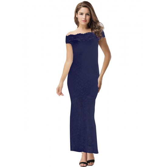 Dark Blue Lace Elegant Fishtail Party Gown For Women