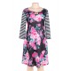 Stripe Raglan Sleeve Black Floral Print Dress