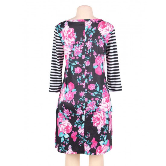 Plus Size Black Floral Print Stripe Raglan Sleeve Dress