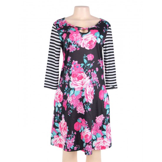 Plus Size Black Floral Print Stripe Raglan Sleeve Dress