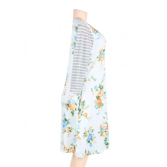 Blue Floral Print Stripe Raglan Sleeve Dress