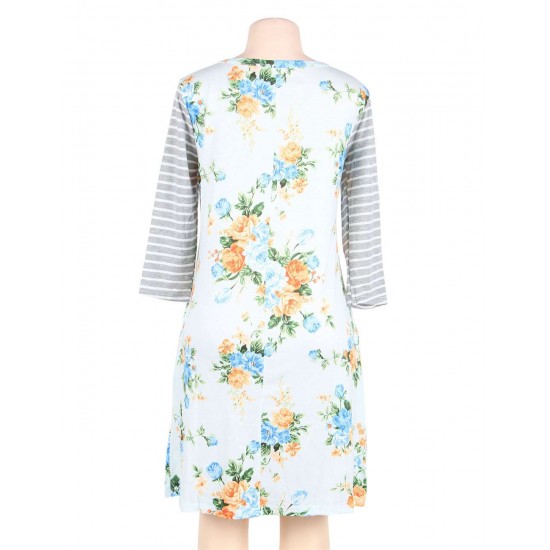 Blue Floral Print Stripe Raglan Sleeve Dress