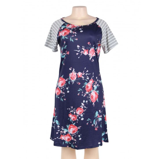 Floral Print Navy Blue Backdrop A-line Loose T-shirt Dress