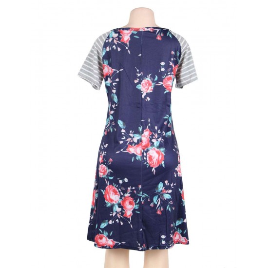 Floral Print Navy Blue Backdrop A-line Loose T-shirt Dress