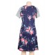 Floral Print Navy Blue Backdrop A-line Loose T-shirt Dress