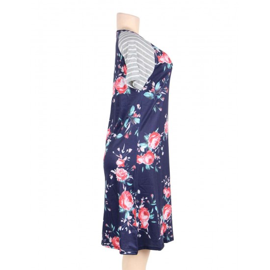 Plus Size Navy Blue Backdrop Floral Print A-line Loose T-shirt Dress