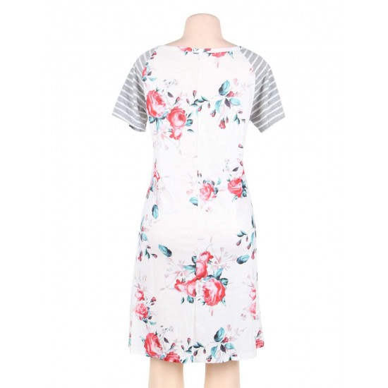 Floral Print White Backdrop A-line Loose T-shirt Dress