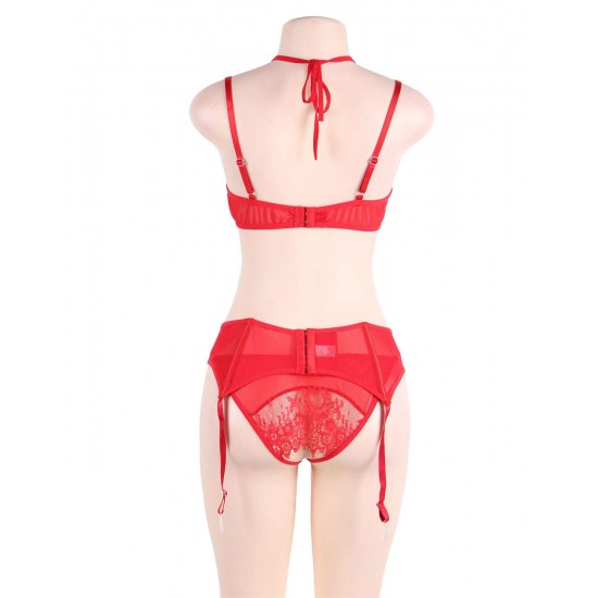 Sexy Bra Panty Set 3pcs Red Eyelash Lace 