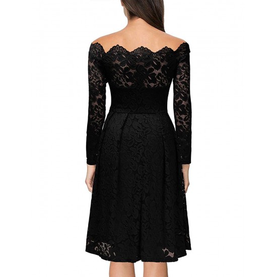 Long Sleeve Fashion Black Lace Midi Dress