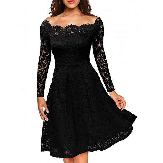 Long Sleeve Fashion Black Lace Midi Dress