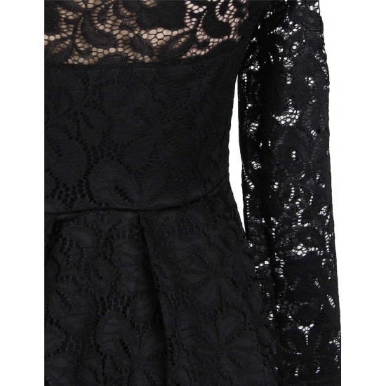 Long Sleeve Fashion Black Lace Midi Dress