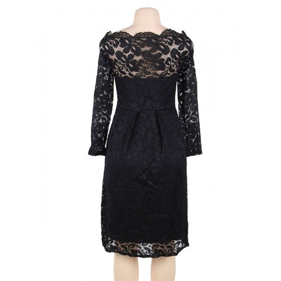 Long Sleeve Fashion Black Lace Midi Dress