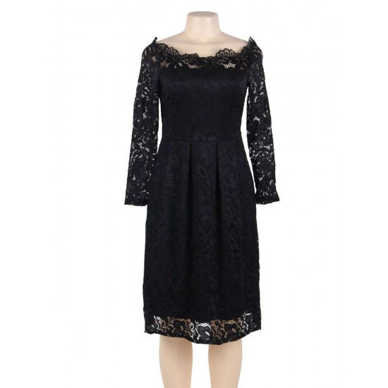 Plus Size Black Lace Long Sleeve Off Shoulder Dress