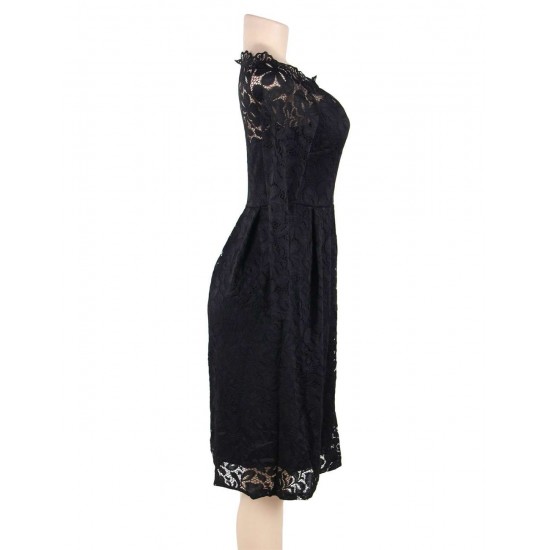 Plus Size Black Lace Long Sleeve Off Shoulder Dress