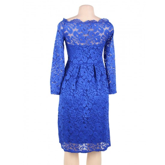 Plus Size Blue Lace Long Sleeve  Fashion Dress