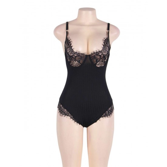 Plus Size 	Black Lace Personality Lace-up Sexy Teddy