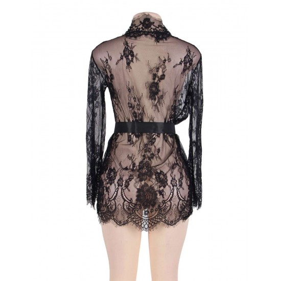 Plus Size Black Delicate Lace Sleepwear Gown