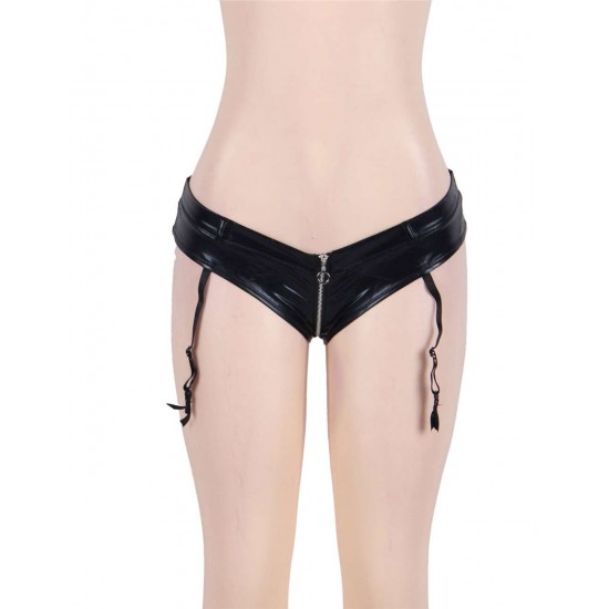 Plus Size Leather Zipper Black Garter Panty