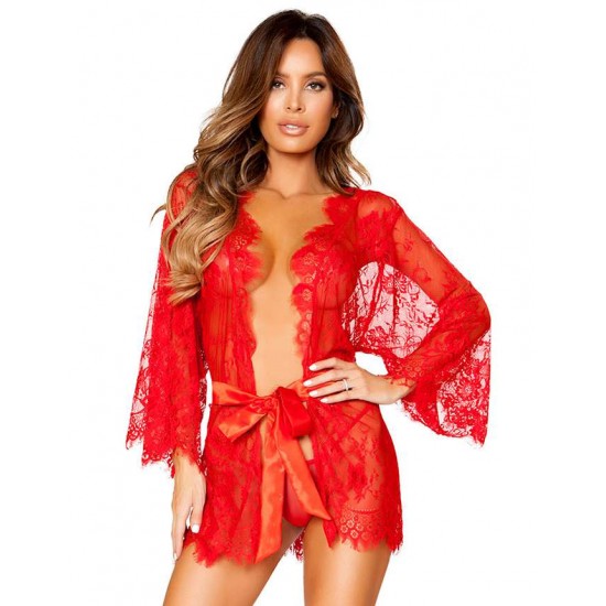 Red Belted Lace Eyelash Sleepwear Gown